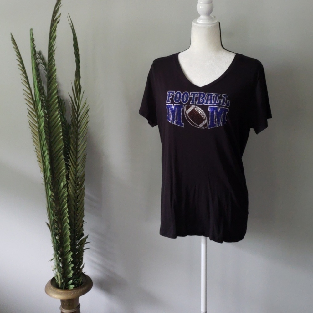 "Football Mom"  v-neck black bling short sleeve tee